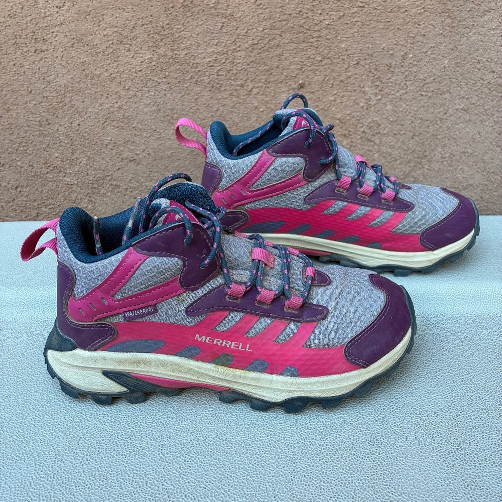 Merrell Kids' Moab Speed 2 Mid Waterproof hiking boots in a pink and purple